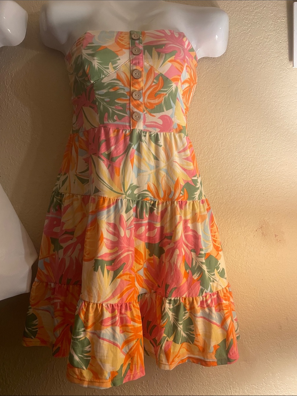 Tropical Strapless Tiered Sundress - Pink, Orange, Green